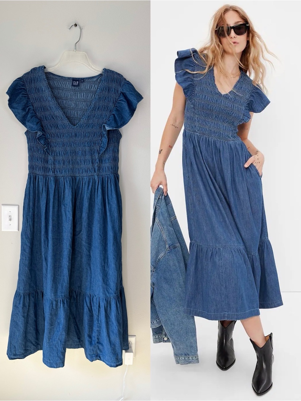 GAP Denim Cotton Smocked Ruffle Flutter Sleeve Midi Dress Boho Cottagecore